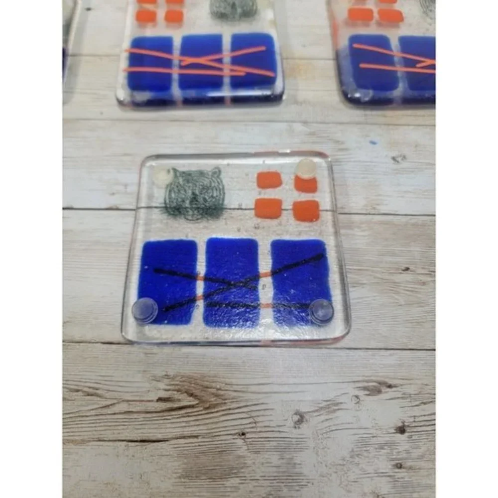 Lot of 7 Art Glass Drink Coasters Orange Blue Geometric‎ Tiger Stamped MCM Pads